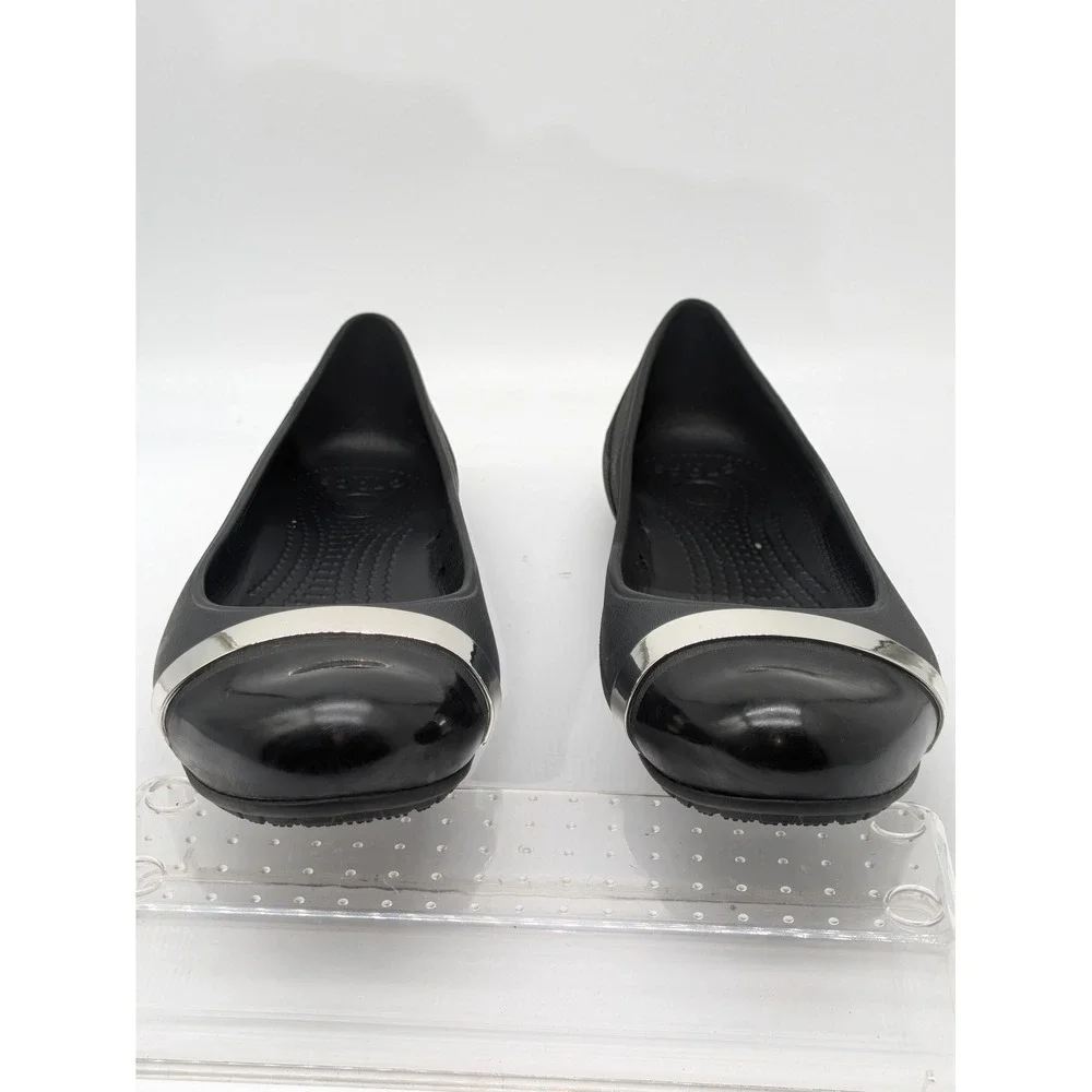 Crocs Women's Flats Black Silver Cap Toe Comfort Slip On Shoes Size 8 W
